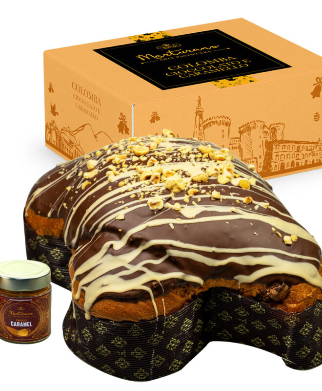 colomba caramello e cioccolato con barattolo caramello mou